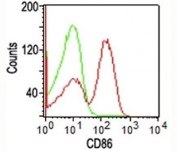FACS staining of human PBMCs using CD86 antibody (red, clone BU63) and isotype control (green).