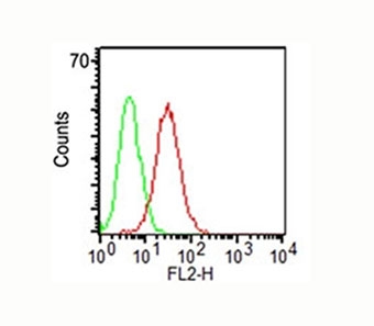 Surface flow cytometric analysis of CD34 on KG-1 cells using CD34 antibody (ICO-115, red) and isotype control antibody (green). The PPI-negative cell population was gated for analysis.~
