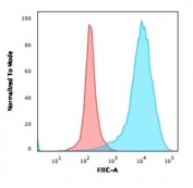 Flow cytometry staining of PFA-fixed human U-87 MG cells with CD63 antibody (clone NKI/C3); Red=isotype control, Blue= CD63 antibody.