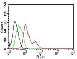 Intracellular FACS testing of human MCF-7 cells: Black=cells alone; Green=isotype control; Red= <a href=../tds/estrogen-receptor-antibody-pe-conjugate-er506-v2113pe>PE conjugated ER antibody (V2113PE)</a>
