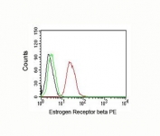 FACS testing of human MCF-7 cells:  Black=cells alone; Green=isotype control; Red=Estrogen Receptor beta antibody PE conjugate