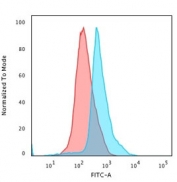 Flow cytometry staining of PFA-fixed human Jukat cells with CD45RO antibody; Red=isotype control, Blue= CD45RO antibody.