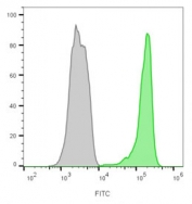 Flow cytometry testing of lymphocyte-gated human PBM cells with CD45 antibody cocktail (clone 2B11, green), and unstained cells (gray).