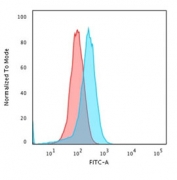 Flow cytometry staining of PFA-fixed human K562 cells with CD43 antibody; Red=isotype control, Blue= CD43 antibody.