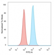 Flow cytometry testing of PFA-fixed human Raji cells with Human Nuclear Antigen antibody (clone 235-1); Red=isotype control, Blue= Human Nuclear Antigen antibody.