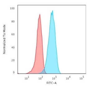 Flow cytometry testing of human Raji cells with CD19 antibody (clone CVID3/429); Red=isotype control, Blue= CD19