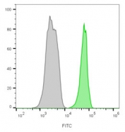 Flow cytometry testing of lymphocyte-gated human PBM cells with CD45 antibody (clone 135-4C5, green), and unstained cells (gray).