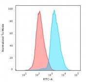 Flow cytometry testing of PFA-fixed human Jurkat cells with CD45RA antibody (clone PTPRC/818); Red=isotype control, Blue= CD45RA antibody.