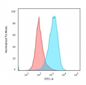 Flow cytometry testing of PFA-fixed human Raji cells with anti-CD45RA antibody (clone 111-1C5); Red=isotype control, Blue= anti-CD45RA antibody.