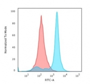 Flow cytometry testing of permeabilized human HeLa cells with Histone antibody (clone AE-4); Red=isotype control, Blue= Histone antibody.