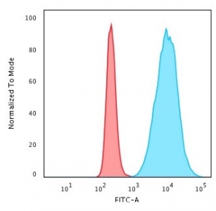 Flow cytometry testing of permeabilized human HeLa cells with Histone H1 antibody (clone HH1/957); Red=isotype control, Blue= Histone H1 antibody.