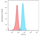 Flow cytometry testing of PFA-fixed human HeLa cells with Beta-2 Microglobulin antibody (clone BBM.1); Red=isotype control, Blue= Beta-2 Microglobulin antibody.