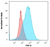 Flow cytometry staining of human Molt-4 cells with CD2 antibody (clone LFA2/600); Red=isotype control, Blue= CD2 antibody.