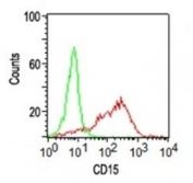 FACS analysis of human monocytes using CD15 antibody (clone Leu-M1, red) and isotype control (green).