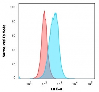Flow cytometry testing of PFA-fixed human Ramos cells with TYMS antibody (clone TYMS/1884); Red=isotype control, Blue= TYMS antibody.