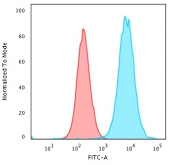 Flow cytometry testing of PFA-fixed human HeLa cells with recombinant Beta-2 Microglobulin antibody (clone rB2M/961); Red=isotype control, Blue= recombinant Beta-2 Microglobulin antibody.