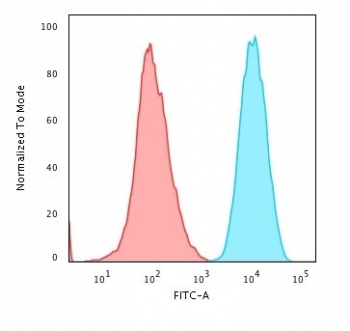 Flow cytometry testing of PFA-fixed human HeLa cells with recombinant B2M antibody (clone B2M/1857R); Red=isotype control, Blue= recombinant B2M antibody.