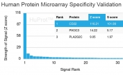 Analysis of HuProt(TM) microarray containing more than 19,000 full-length human proteins using CD22 antibody (clone BLCAM/1795). These results demonstrate the foremost specificity of the BLCAM/1795 mAb. Z- and S- score: The Z-score represents the strength of a signal that an antibody (in combination with a fluorescently-tagged anti-IgG secondary Ab) produces when binding to a particular protein on the HuProt(TM) array. Z-scores are described in units of standard deviations (SD's) above the mean value of all signals generated on that array. If the targets on the HuProt(TM) are arranged in descending order of the Z-score, the S-score is the difference (also in units of SD's) between the Z-scores. The S-score therefore represents the relative target specificity of an Ab to its intended target.