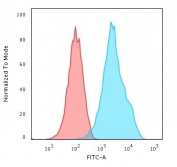 Flow cytometry testing of human Raji cells with recombinant CD20 antibody (clone rIGEL/773); Red=isotype control, Blue= recombinant CD20 antibody.