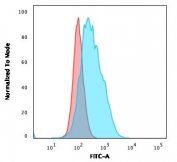Flow cytometry testing of human A549 cells with CD14 antibody (clone LPSR/2385); Red=isotype control, Blue= CD14 antibody.