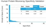 Analysis of HuProt(TM) microarray containing more than 19,000 full-length human proteins using TROP2 antibody (clone TACSTD2/2151). These results demonstrate the foremost specificity of the TACSTD2/2151 mAb. Z- and S- score: The Z-score represents the strength of a signal that an antibody (in combination with a fluorescently-tagged anti-IgG secondary Ab) produces when binding to a particular protein on the HuProt(TM) array. Z-scores are described in units of standard deviations (SD's) above the mean value of all signals generated on that array. If the targets on the HuProt(TM) are arranged in descending order of the Z-score, the S-score is the difference (also in units of SD's) between the Z-scores. The S-score therefore represents the relative target specificity of an Ab to its intended target.