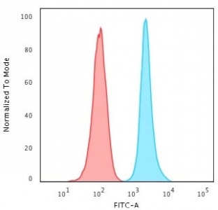 FACS testing of human HeLa cells with Ki-67 antibody (blue, clone MKI67/2462) and isotype control (red). Cells were trypsinized and 2-4% PFA-fixed prior to staining.