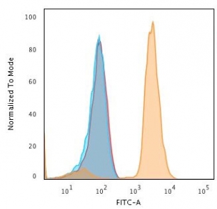 FACS testing of fixed and permeabilized human Jurkat cells with PD-L1 antibody; Blue=cells alone, Red=isotype control, Orange= PD-L1 antibody.