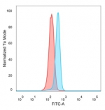 Flow cytometry testing of PFA-fixed human HeLa cells with MEIS2 antibody (clone PCRP-MEIS2-2B3) followed by goat anti-mouse IgG-CF488 (blue); isotype control (red).