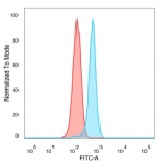Flow cytometry testing of PFA-fixed human HeLa cells with GCM2 antibody (clone PCRP-GCM2-1B3) followed by goat anti-mouse IgG-CF488 (blue); Red = unstained cells.