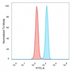 Flow cytometry testing of PFA-fixed human HeLa cells with PCGF3 antibody (clone PCRP-PCGF3-1D5) followed by goat anti-mouse IgG-CF488 (blue); Red = unstained cells.