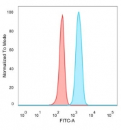 Flow cytometry testing of PFA-fixed human HeLa cells with JARID1C antibody (clone PCRP-KDM5C-1A11) followed by goat anti-mouse IgG-CF488 (blue); Red = unstained cells.