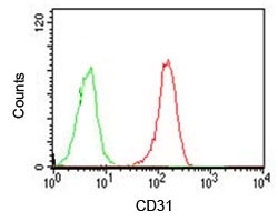 FACS testing of Jurkat cells with an isotype control (green) and CD31 antibody (red).~