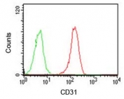 FACS testing of Jurkat cells with an isotype control (green) and CD31 antibody (red).