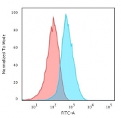 Flow cytometry testing of PFA-fixed human HepG2 cells with TNF-alpha antibody (clone TMDa1-1); Red=isotype control, Blue= TNF-alpha antibody.