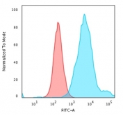 Flow cytometry testing of PFA-fixed human HeLa cells with recombinant Cytokeratin 18 antibody (clone KRT18/2819R); Red=isotype control, Blue= recombinant Cytokeratin 18 antibody.
