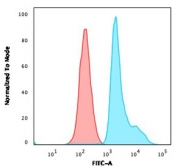 FACS staining of paraformaldehyde-Raji cells with RPSA antibody (clone RPSA/2699); Red=isotype control, Blue= RPSA antibody.
