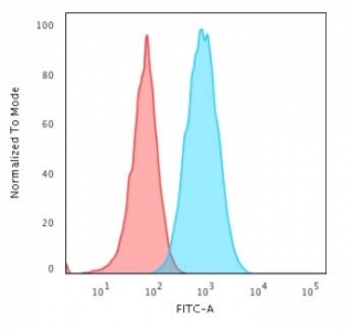Flow cytometry testing of human Raji cells with HLA-DR antibody (clone TAL 1B5); Red=isotype control, Blue= HLA-DR antibody.~