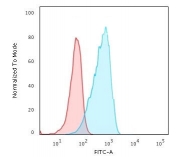 Flow cytometry testing of human U937 cells with ICOS Ligand antibody (clone ISLG-1); Red=isotype control, Blue= ICOS Ligand antibody.