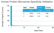 Analysis of HuProt(TM) microarray containing more than 19,000 full-length human proteins using Decorin antibody (clone DCN/3523). These results demonstrate the foremost specificity of the DCN/3523 mAb.<BR>Z- and S- score: The Z-score represents the strength of a signal that an antibody (in combination with a fluorescently-tagged anti-IgG secondary Ab) produces when binding to a particular protein on the HuProt(TM) array. Z-scores are described in units of standard deviations (SD's) above the mean value of all signals generated on that array. If the targets on the HuProt(TM) are arranged in descending order of the Z-score, the S-score is the difference (also in units of SD's) between the Z-scores. The S-score therefore represents the relative target specificity of an Ab to its intended target.