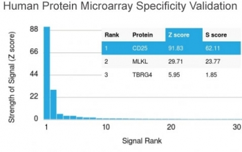 Analysis of HuProt(TM) microarray containing more than 19,000 full-length human proteins using IL25 antibody (clone IL2RA/2394). These results demonstrate the foremost specificity of the IL2RA/2394 mAb. Z- and S- score: The Z-score represents the strength of a signal that an antibody (in combination with a f
