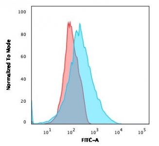 Flow cytometry testing of human Jurkat cells with PDL2 antibody; Red=isotype control, Blue= PD-L2 antibody.~