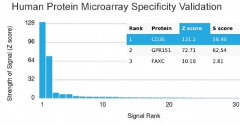 Analysis of HuProt(TM) microarray containing more than 19,000 full-length human proteins using recombinant CD3e antibody (clone rC3e/1931). These results demonstrate the foremost specificity of the rC3e/1931 mAb.<BR>Z- and S- score: The Z-score represents the strength of a signal that an antibody (in combination with a fluorescently-tagged anti-IgG secondary Ab) produces when binding to a particular protein on the HuProt(TM) array. Z-scores are described in units of standard deviations (SD's) above the mean value of all signals generated on that array. If the targets on the HuProt(TM) are arranged in descending order of the Z-score, the S-score is the difference (also in units of SD's) between the Z-scores. The S-score therefore represents the relative target specificity of an Ab to its intended target.