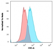 Flow cytometry testing of human Jurkat cells with CD31 antibody (clone PECAM1/3527); Red=isotype control, Blue= CD31 antibody.