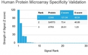 Analysis of HuProt(TM) microarray containing more than 19,000 full-length human proteins using CD68 antibody (clone C68/2511). These results demonstrate the foremost specificity of the C68/2511 mAb. Z- and S- score: The Z-score represents the strength of a signal that an antibody (in combination with a fluorescently-tagged anti-IgG secondary Ab) produces when binding to a particular protein on the HuProt(TM) array. Z-scores are described in units of standard deviations (SD's) above the mean value of all signals generated on that array. If the targets on the HuProt(TM) are arranged in descending order of the Z-score, the S-score is the difference (also in units of SD's) between the Z-scores. The S-score therefore represents the relative target specificity of an Ab to its intended target.