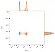 Flow cytometry analysis of bead-bound exosomes derived from MCF-7 cells using recombinant CD81 antibody (clone rC81/3442). Gray=unstained cells, Orange = recombinant CD81 antibody.