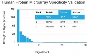 Analysis of HuProt(TM) microarray containing more than 19,000 full-length human proteins using RBP4 antibody. These results demonstrate the foremost specificity of the RBP4/4051 mAb. Z- and S- score: The Z-score represents the strength of a signal that an antibody (in combination with a fluorescently-tagged anti-IgG secondary Ab) produces when binding to a particular protein on the HuProt(TM) array. Z-scores are described in units of standard deviations (SD's) above the mean value of all signals generated on that array. If the targets on the HuProt(TM) are arranged in descending order of the Z-score, the S-score is the difference (also in units of SD's) between the Z-scores. The S-score therefore represents the relative target specificity of an Ab to its intended target.