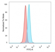 FACS staining of PFA-fixed human HeLa cells with Daxx antibody (blue, clone PCRP-DAXX-8C2), and unstained cells (red).