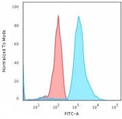 Flow cytometry testing of fixed human Jurkat cells with anti-Bax antibody (clone SPM336); Red=isotype control, Blue= anti-Bax antibody.