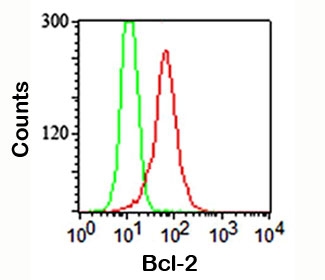 FACS staining (intracellular) of Jurkat cells using anit-Bcl-2 antibody (red) and isotype control (green).