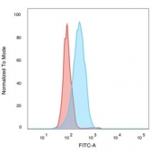 FACS staining of PFA-fixed human MCF-7 cells with Sirtuin 2 antibody (blue, clone PCRP-SIRT2-1A8), and unstained cells (red).